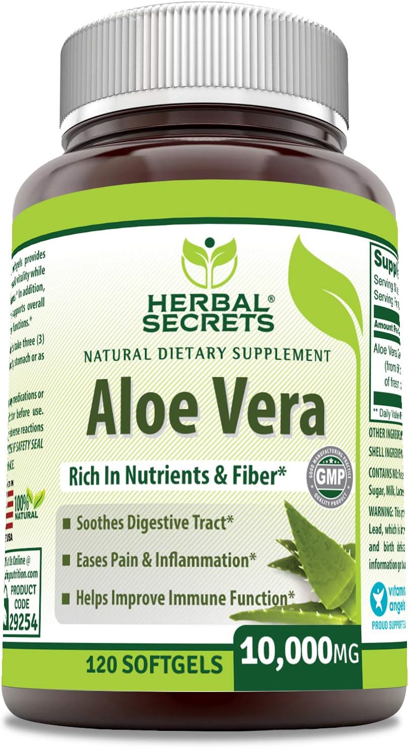 Herbal Secrets Aloe Vera 10000 Mg, 120 Softgels (Non-GMO) - Regulates Intestinal Bacteria, Soothes Digestive Track, Helps Improve Immune Function*: Health & Personal Care
