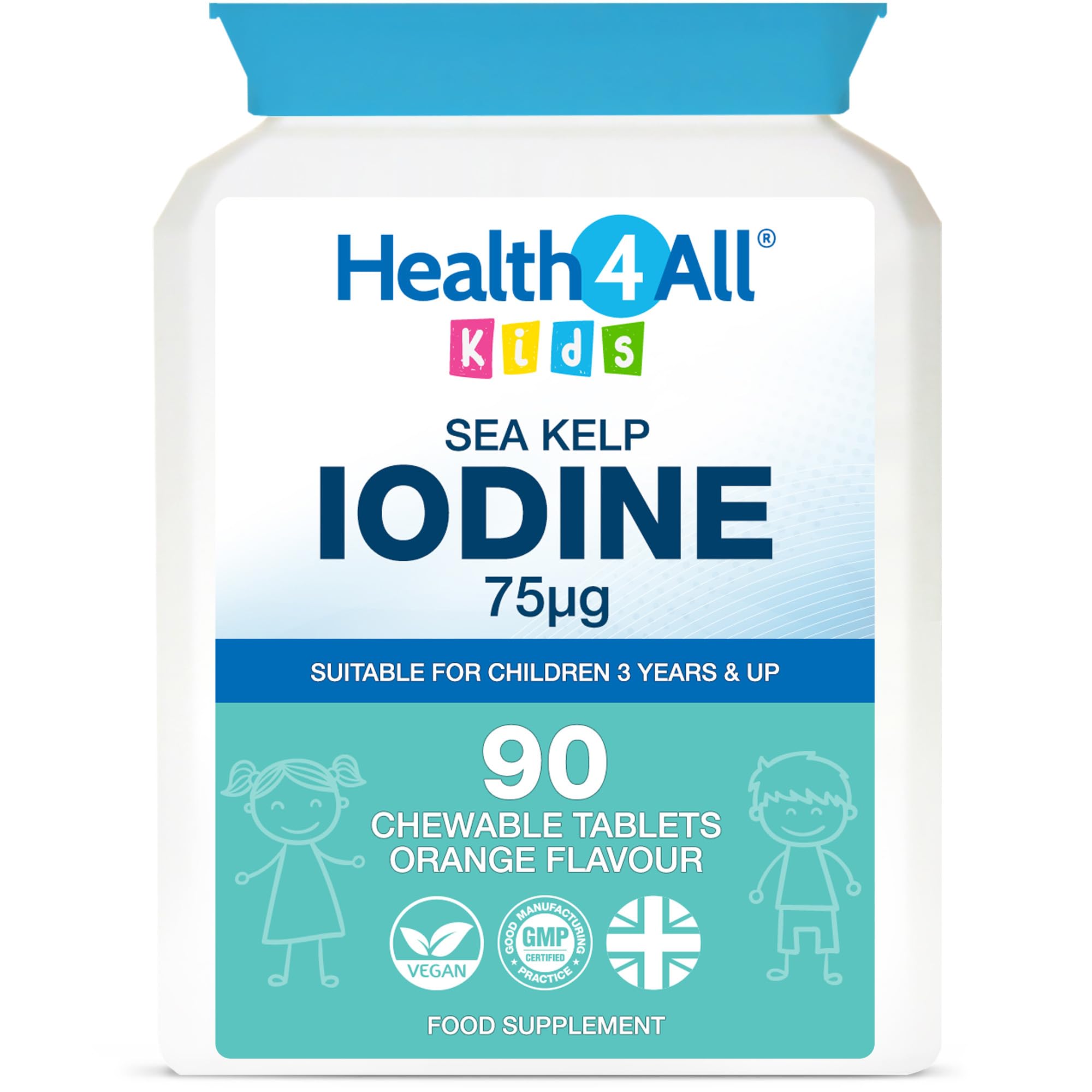 Health4All Kids Sea Kelp Iodine 75mcg 90 Chewable Tablets 3 Months Supply, Natural Vegan Iodine Supplement for Children 3+, Supports Learning & Growth, Sugar-Free Orange Flavour | Made in UK