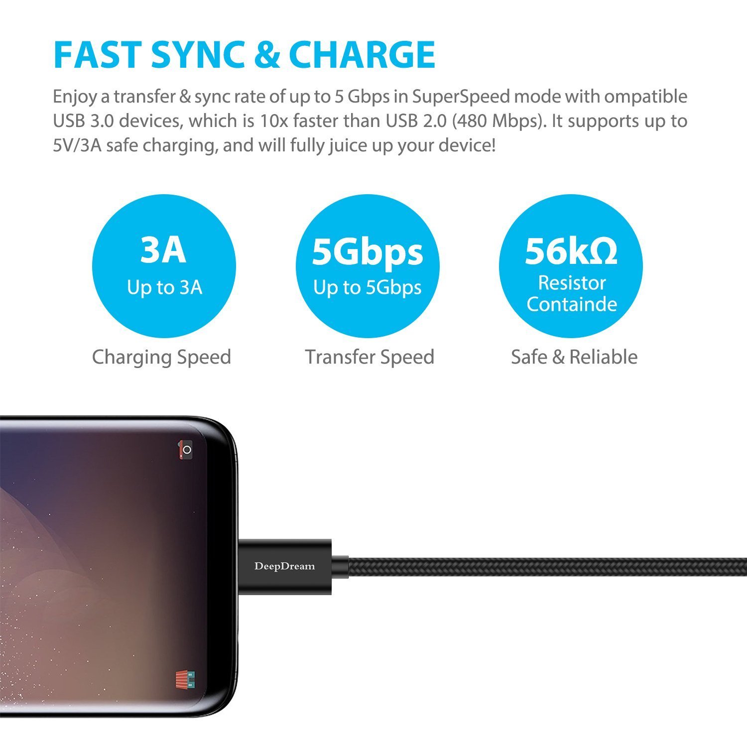 DeepDream USB Type C Cable to USB 3.0 Fast Charger and High Speed Transfer Nylon Braided 3.3Ft Cable for Galaxy Note 8, S8, Google Pixel, and More - Black