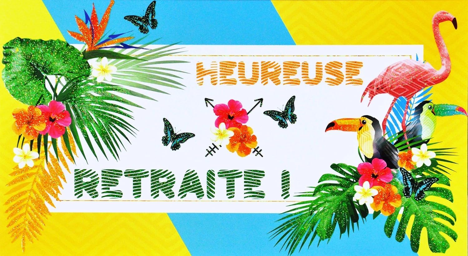 69-4219 Retirement Card Glitter Flamingo Toucan Flower Hibiscus Floral Tropical Exotic Leaf Palm Tree Trend Fashion Bird Butterfly