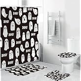 Apear1 4 Pcs Halloween Boo Ghost Shower Curtain Set with Non-Slip Rugs, Toilet Lid Cover and Bath Mat, Halloween Bathroom Decor Accessories with 12 Hooks (Boo)