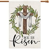 He Is Risen Easter House Flag 28x40 Inch Double Sided Burlap, Cross Wreath Sign Large Yard Outside Decoration DF443-28
