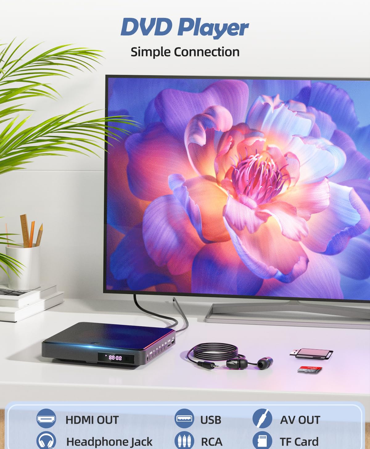 Arafuna DVD Players for TV HDMI Small DVD Player with All Region Free, 1080P HD Mini DVD Player for Smart TV Support CD/DVD USB/TF Card, Remote Control, PAL/NTSC Plays and Multiple Formats