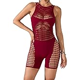 AVZXSA Womens Sexy Hollow Out Seamless Romper, Sleeveless Club Outfit Fishnet Shorts Bodysuit Rave Seamless Cutout Jumpsuit