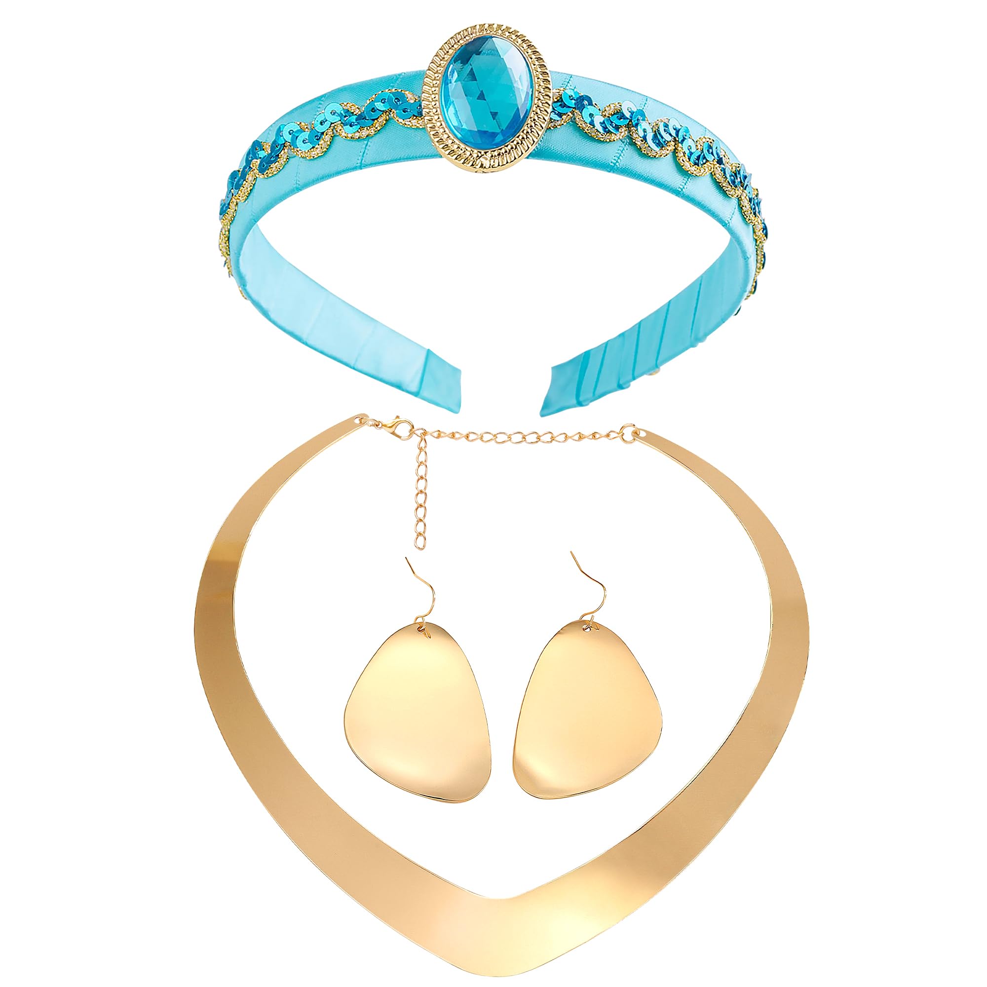 Photo 1 of Horolam Arabian Princess Costume Accessories, Arab Princess Accessories Set with Princess Headband Gold Chunky Choker Necklace Earrings for Women Girls for Halloween Cosplay (4PCS) (Green)