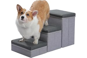 PETEPELA Dog Stairs, Portable 3 Stairs Dog Step for Small Dogs with Storage, Foldable Pet Stairs for Couch and High Bed Hold up to 50 LBS, Dark Grey