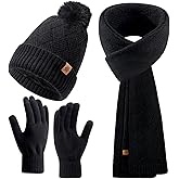 Ldopsa Womens Winter Hat Gloves Scarf Set, Warm Knit Pom Pom Beanie with Fleece Lined Long Neck Scarf Touchscreen Gloves Gift