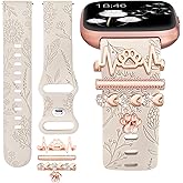 Minyee Floral Engraved Band with Charms Compatible with Fitbit Versa 2/Fitbit Versa/Versa Lite Bands Women,Bling Decorative Ring Loop Cute Soft Silicone Flower Fancy Strap for Versa 2 Watch(with Band)
