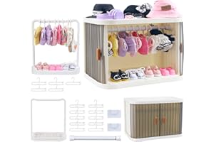 WALANT Foldable Doll Wardrobe Closet Storage Box Compatible with Labubu Clothes with 15 Hangers & Rod - Stackable Organizer Cabinet for 15/17cm Doll Clothes with Dust-Resistant Cover and Display Shelf