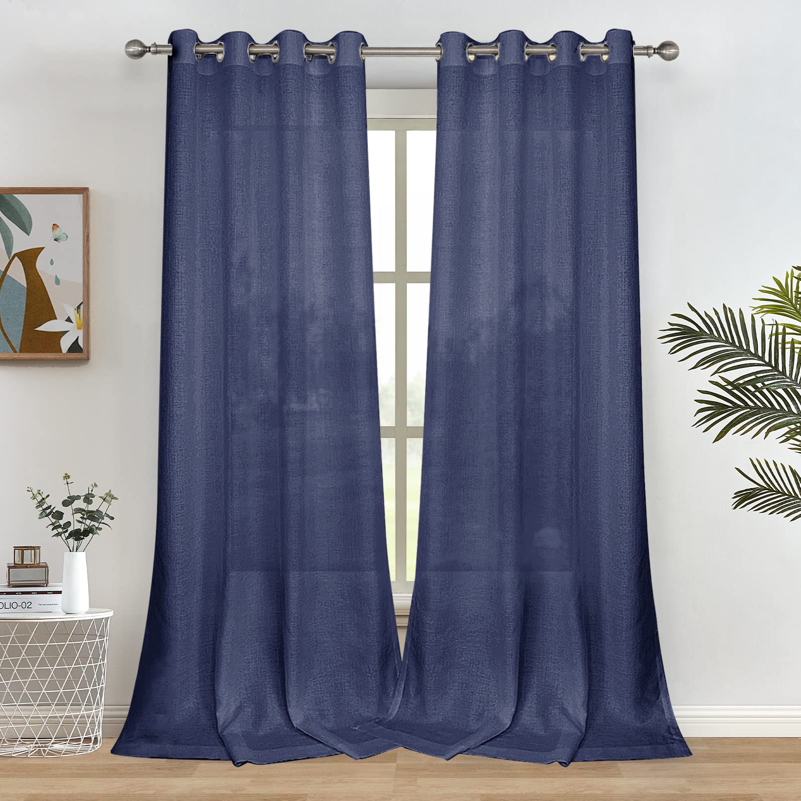 Melodieux Navy Semi Sheer Curtains 96 Inches Long for Living Room Bedroom Flax Linen Grommet Voile Drapes, 52 by 96 Inch (2 Panels)