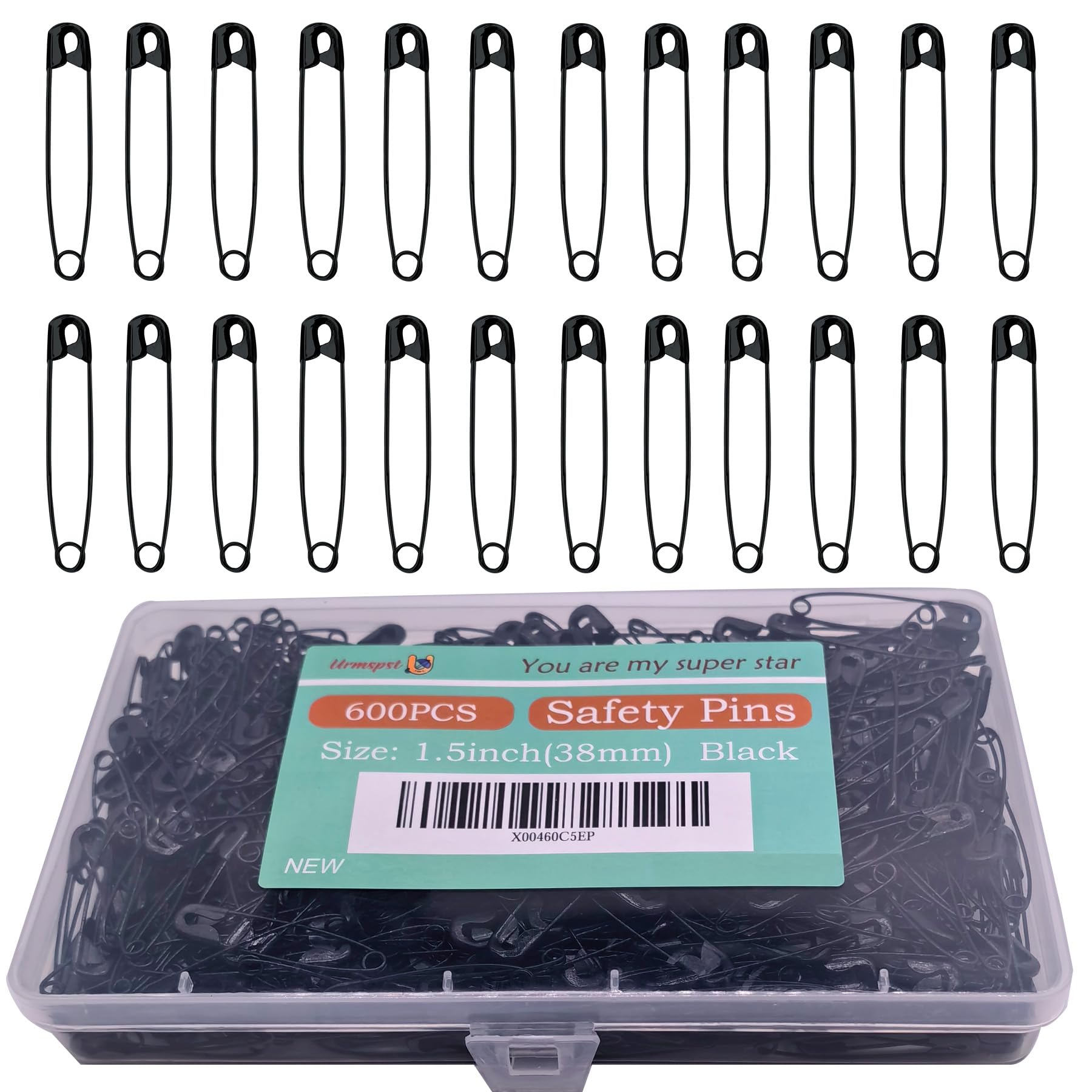 Urmspst Safety Pins, 600PCS-1.5Inch Small Safety Pins, Rust-Resistant Nickel Plated Steel, Sharp Edge Safety Pin for Clothes, Sewing, 38mm Decorative Safety Pins Assorted (Black)