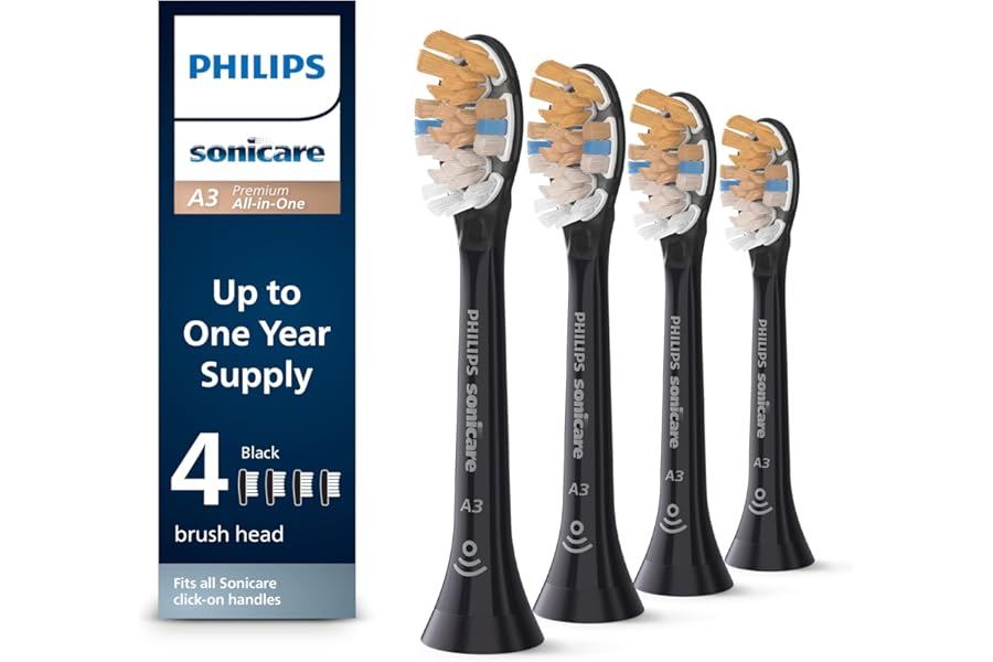 Philips Sonicare A3 All-in-One – Genuine Replacement Electric Toothbrush Heads, Black, 4 Pack One Year Supply, HX9094/95