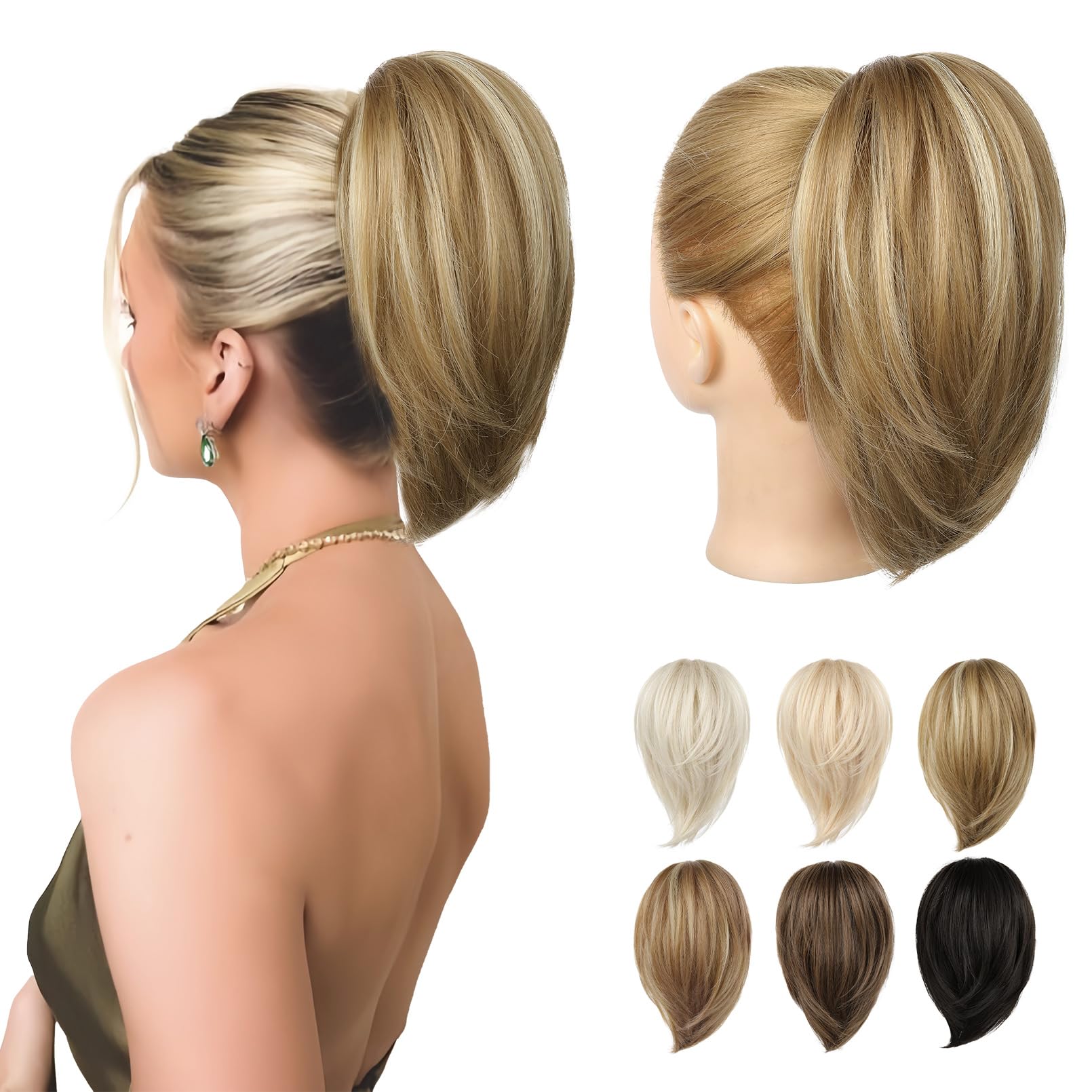 REECHO Ponytail Extension，Claw Clip Hair Bun Hair Piece Short Straight Ponytail Hair Extensions Messy Hair Bun Natural Synthetic Fake Ponytail Hair Pieces for Women- Honey Blonde with highlights