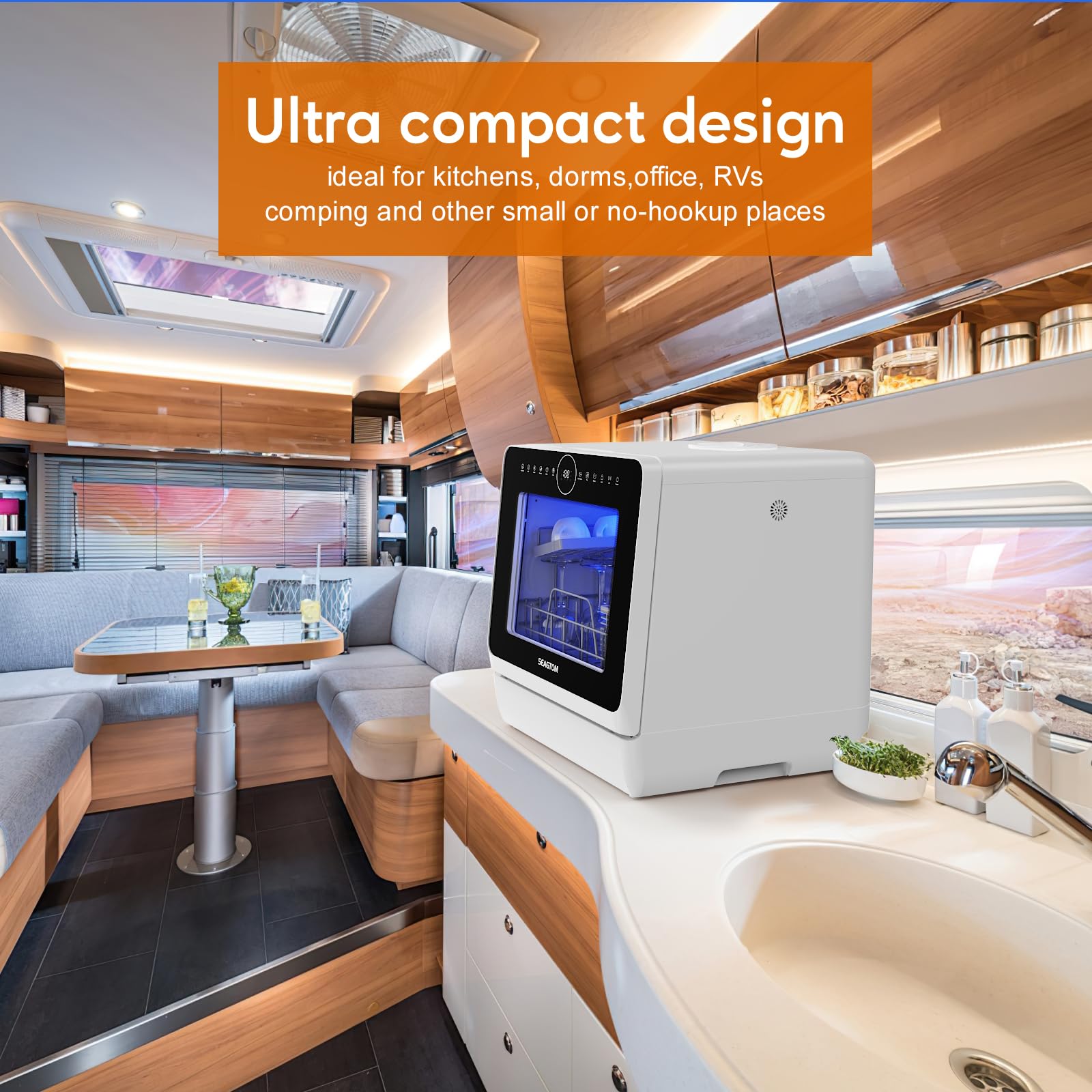 SEAGTOM Portable Dishwashers for Camping and Home with 5l Water Tank, Hose, LED Light, 10 Wash Programs, Baby Care Mode, Dual Water Supply and 1h Hot Air Drying