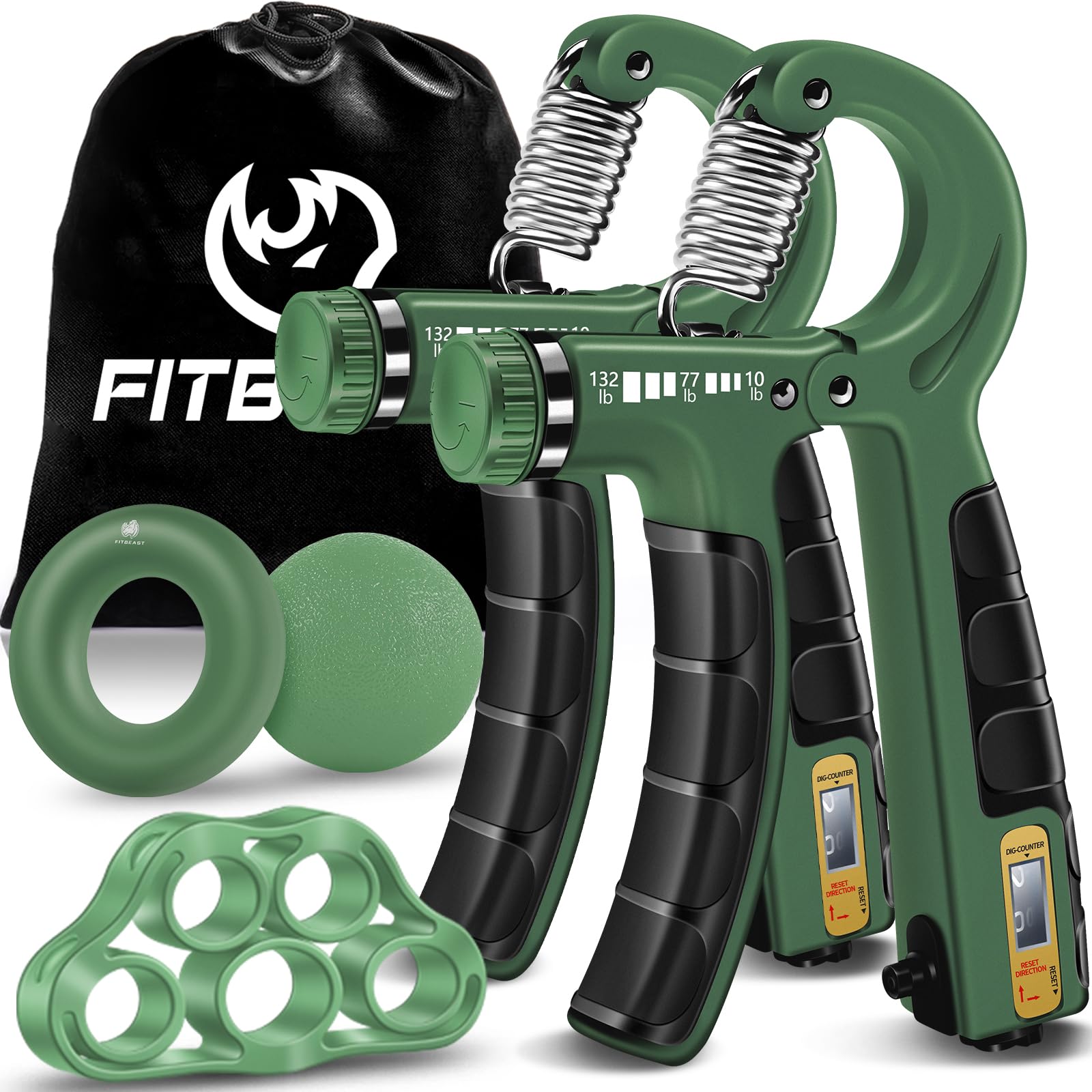 Photo 1 of FitBeast Dual Count Grip Strength Trainer Set, Optimizer Forearm, Wrist, and Hand Power - 5 Pack Adjustable Resistance, Dark Green