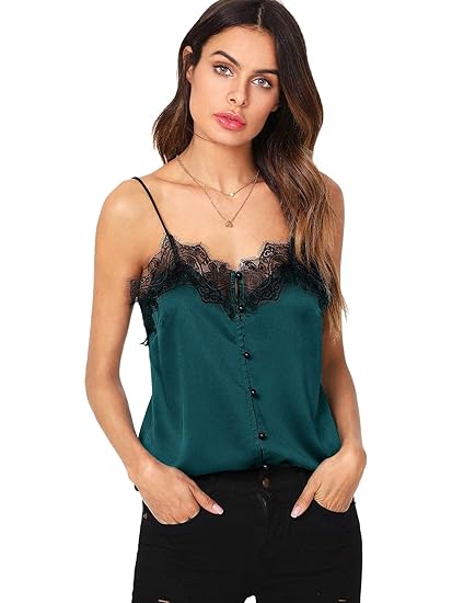 DIDK Damen Camisole Spaghetti-Top mit Spitze Blusenshirts Spitzenshirts T-Shirts Tank Tops