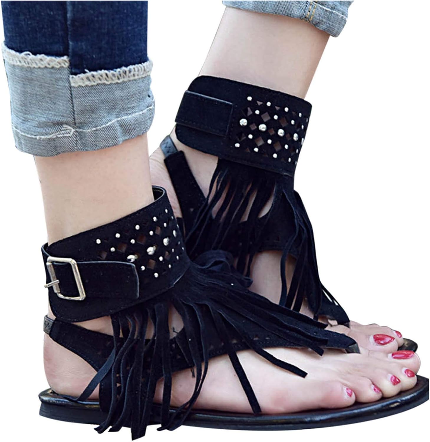 Sandals for Women Casual Summer Strappy Sandals Tassel Open Toe Diamond Flip Flop