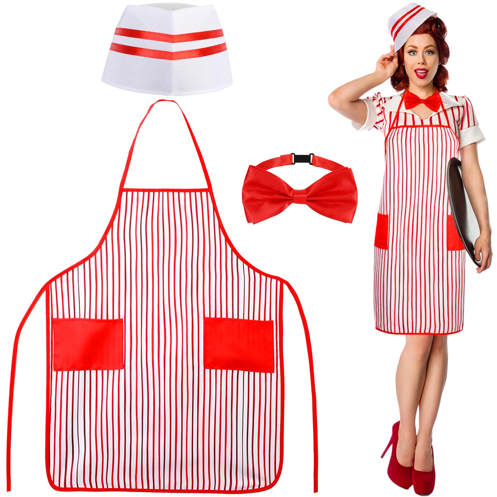 XEPST 3PCS Adult Waiter Costume Kit - 1950s Waitress Costume Accessories Set with Chef Hat Red and White Striped Apron Bow Tie for Halloween Costumes Cosplay Carnival Fancy Dress Up Party