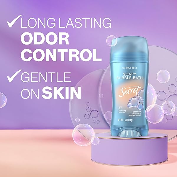 SECRET FRESH ANTIPERSPIRANT DEODORANT FOR WOMEN, 72HR BREATHABLE SWEAT & ODOR PROTECTION, INSTANT FRESHNESS & GENTLE, PH BALANCING MINERALS, INVISIBLE SOLID, SOAPY BUBBLE BATH SCENT, 2.6 OZ