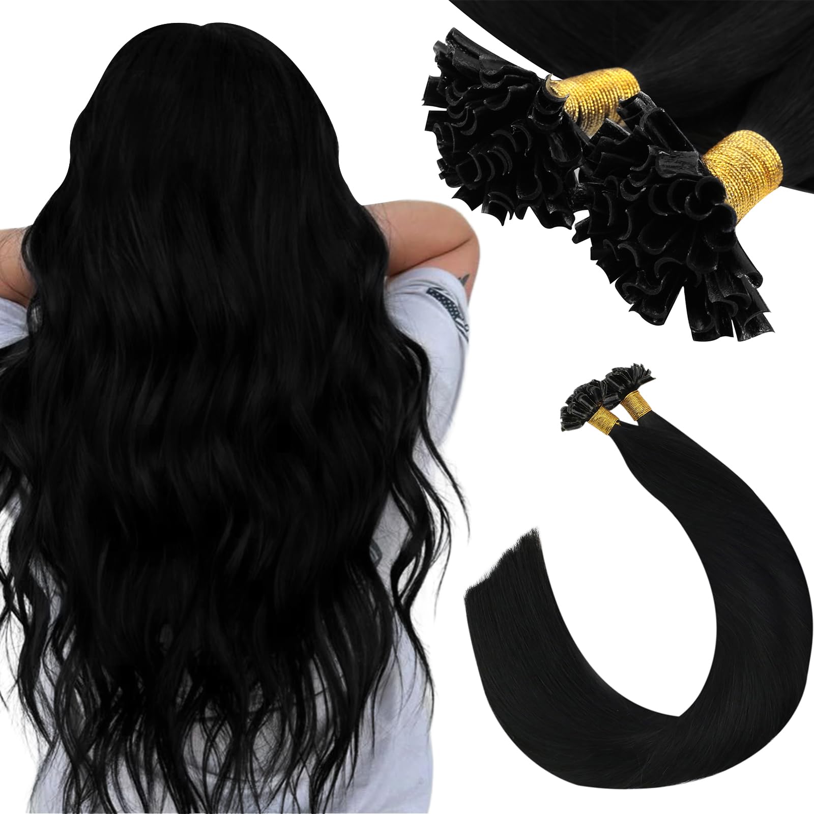 Ugeat U Tip Hair Extensions Human Hair Jet Black U Tip Human Hair Extensions Black Pre Bonded for Salon 22 Inch Add Length Remy Smooth and Silky 50S 50G — image 1