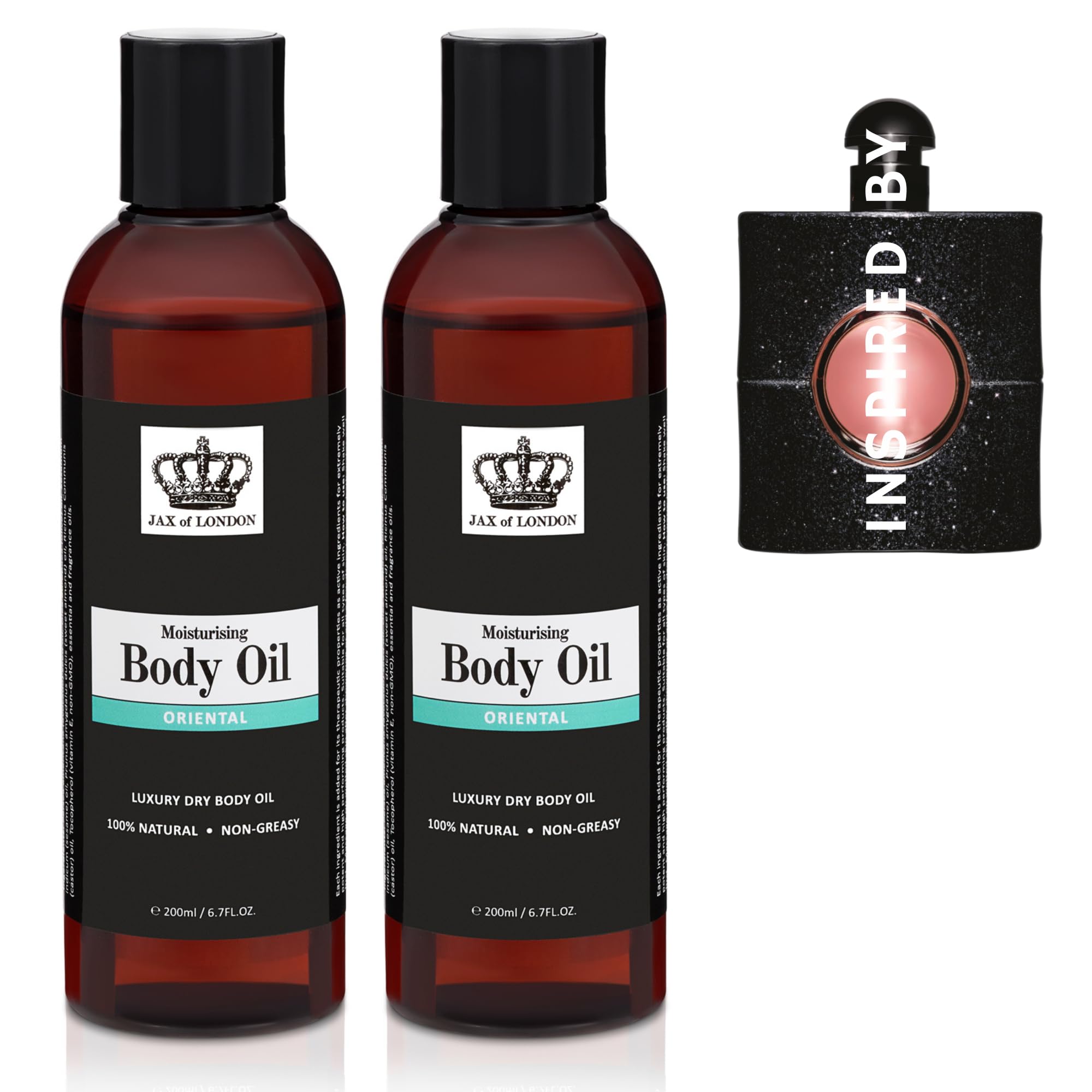 Jax of London Perfume Inspired Body Oil Set 2 x 200ml – Oriental Scent Inspired by Black Opium – Women – 100% Natural Ingredients – Vegan & Alcohol-Free – Moisturising Oil for Skin Hair & Massage