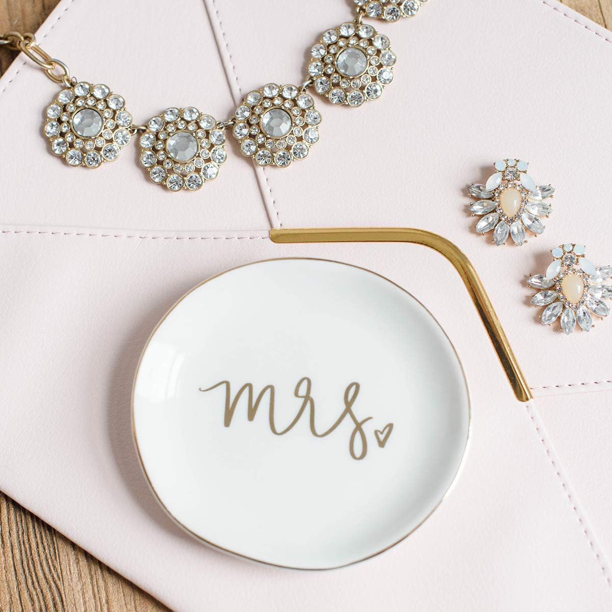 Sweet Water Decor Jewelry Dish Tray | Great for His and Her Engagement Engaged Ring Dish Holder Bride Ring Holder Gold Ceramic Trinket Tray Wedding Accessories (Mrs): Home Improvement