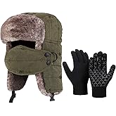 SATINIOR 2 Pcs Winter Trapper Hat and Gloves for Men Warm Ushanka Hat with Ear Flaps Mask Hunting Fuzzy Cap Touchscreen Glove