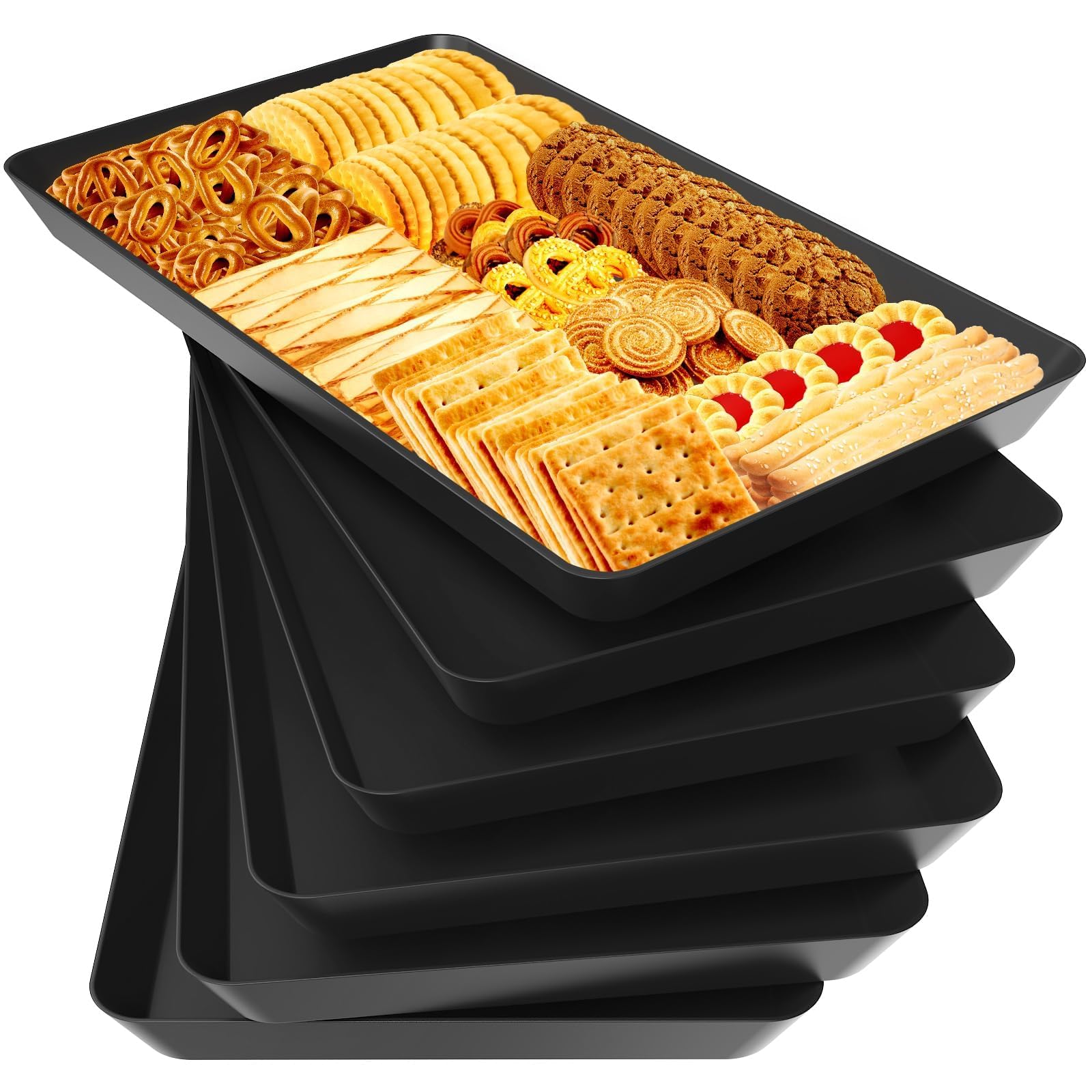 WOWBOX 6 pcs Serving Tray for Entertaining, Serving Platters for Snacks, Fruit, Cookies, Dessert, Reusable Plastic Trays for Serving Food and Pantry Organization in Kitchen & for Parties, (Black) Image