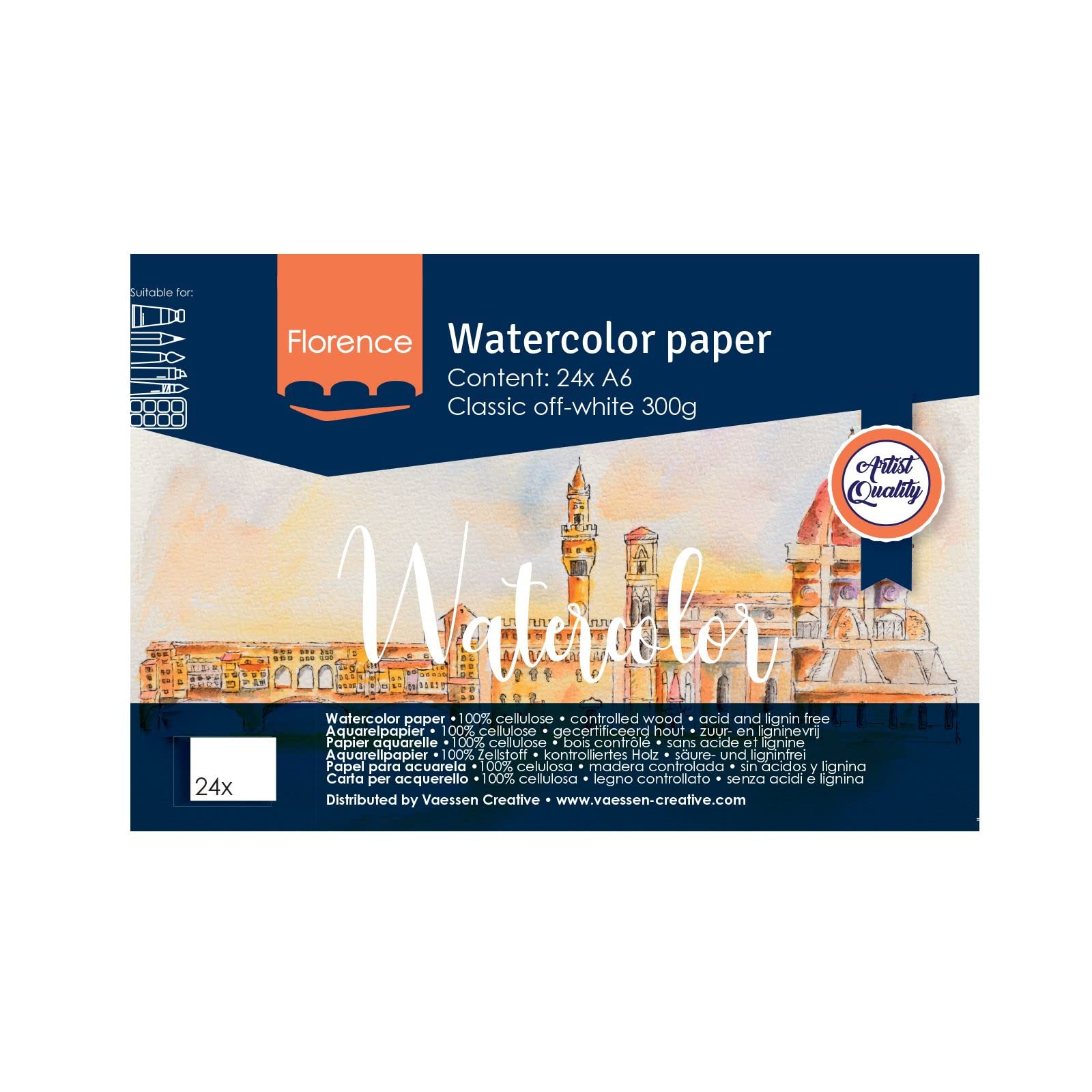 Vaessen Creative Florence Watercolour Paper Pad A6, Off-White, 300 GSM, Textured Surface, Artist Grade Quality, Sketchbook with 24 Sheets for Painting, Handlettering and Art Projects 2911-9201