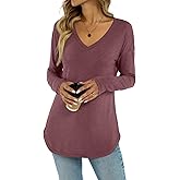 Eachyes Womens Deep V Neck Tunic Tops Fall Long Sleeve Shirts Casual Loose Fit Curved Hem Clothes 2026