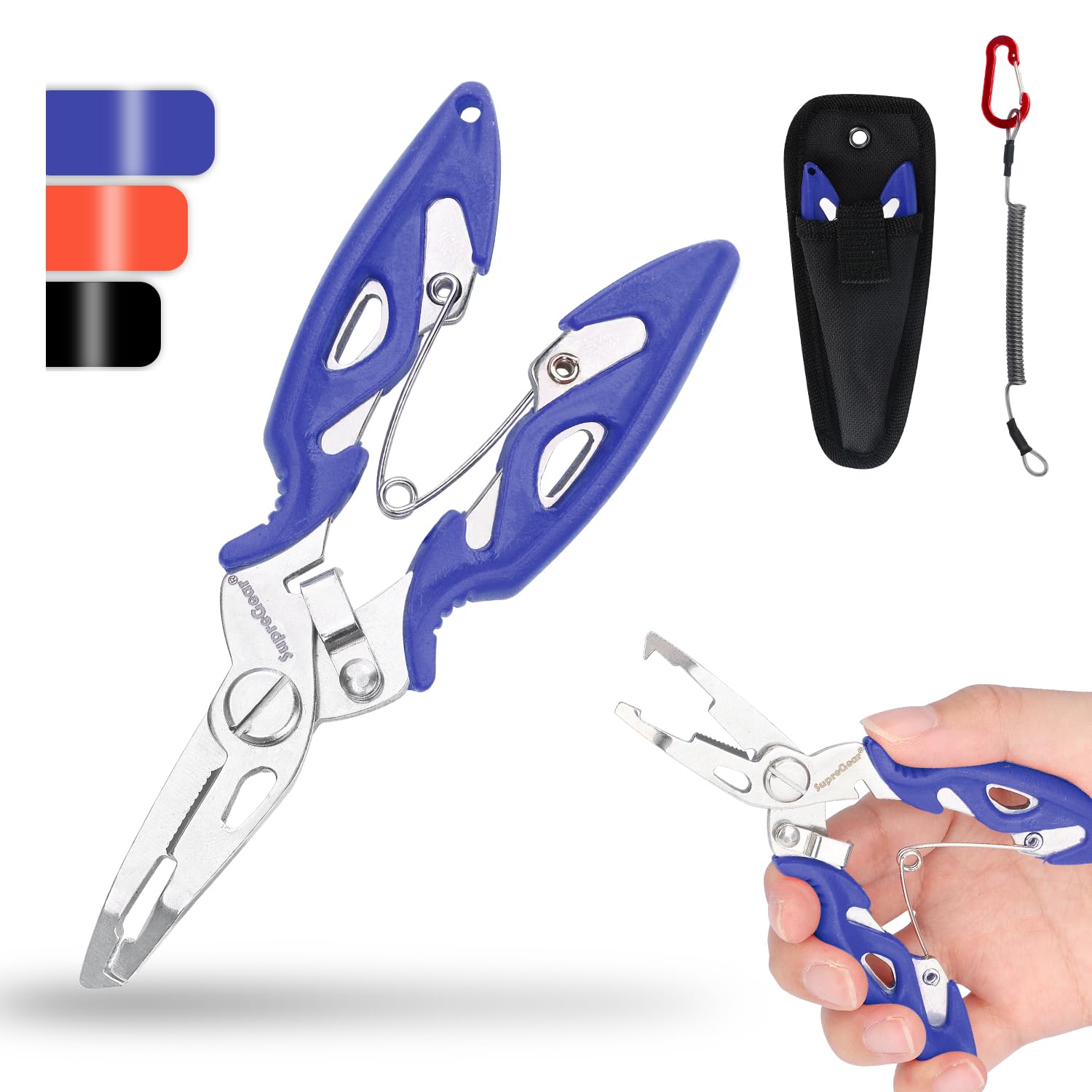 supregear Mini Fishing Pliers, Multi-Function Stainless Steel Tools with Split Ring Opener, Fish Hook Remover, Line Cutter, Sheath, Lanyard, Saltwater Resistant Fishing Gear Accessories, Blue