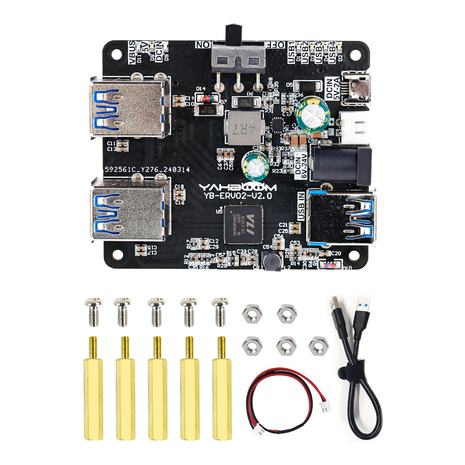 Yahboom 4 Port USB 3.0 Hub for Raspberry Pi Jetson Nano ROS Robot, Compatible with USB 3.0/2.0/1.1 Driver-Free Plug&Play, Onboard External USB-A，5V (Micro-USB)，9~24V Power Port, for High-Power Device