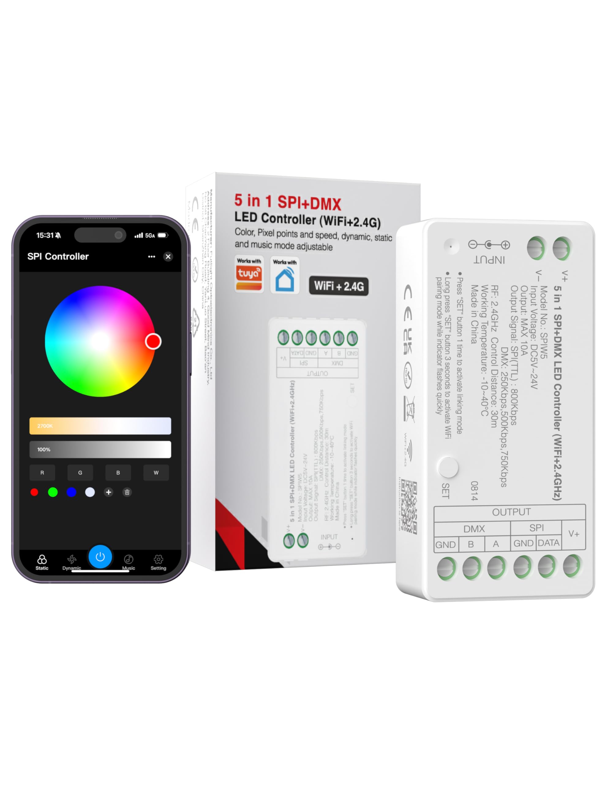 Photo 1 of PAUTIX WiFi SPI+DMX SPIW5 Tuya SPI LED Controller Compatible with Alexa/Google Home,for Single Color/CCT/RGB/RGBW/RGBCCT SPI LED Strip Lights,Work with WS2811 SK6813 IC Addressable LED Strip