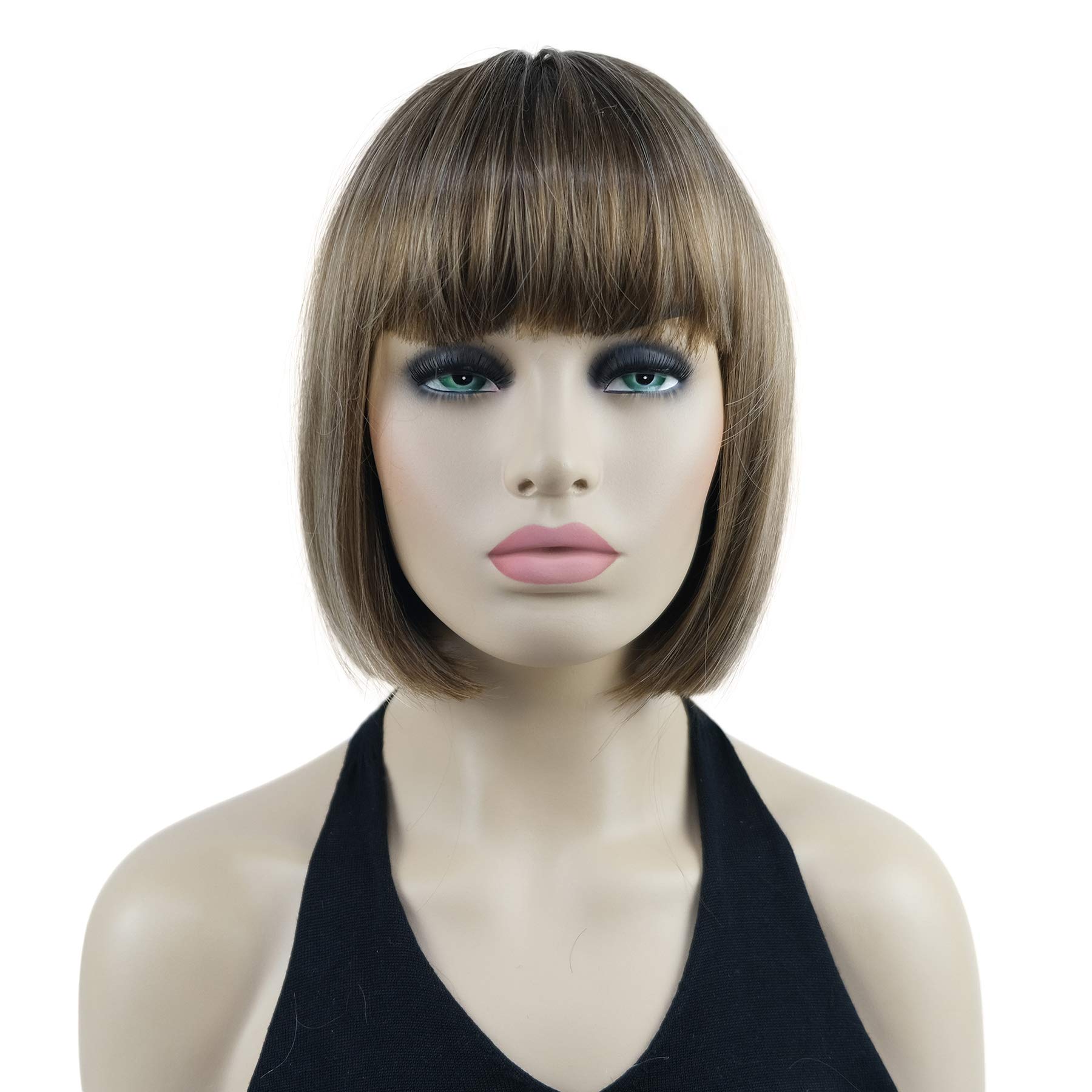 Lydell 8" Short Bob Hair Flat Bangs Cute Central Dot Skin Top Heat Resistant Synthetic Wigs (12TT26 Brown Highlights)