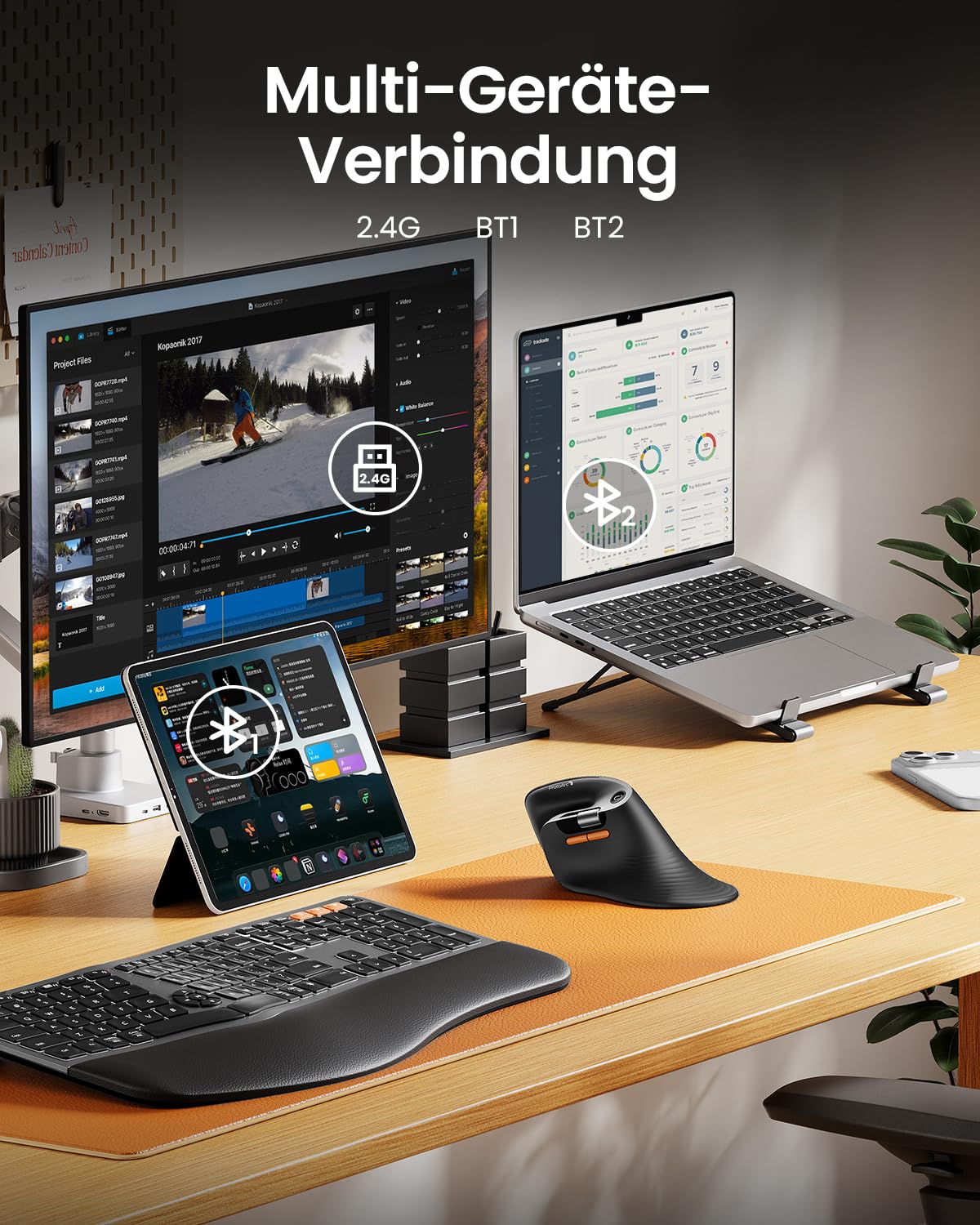 ProtoArc EM11 Pro Ergonomische Vertikale Maus mit Seitenscroll, Anpassbare Tasten, 2*Bluetooth + 2,4G Kabellos, Wiederaufladbar, Vertikal Funkmaus für Büro PC/Mac/Windows/Linux 7