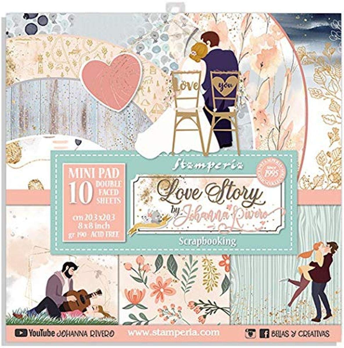 STAMPERIA INTL Stamperia-Love Story-Mini Pad, Paper, Multi Coloured, 8 x 8 inches