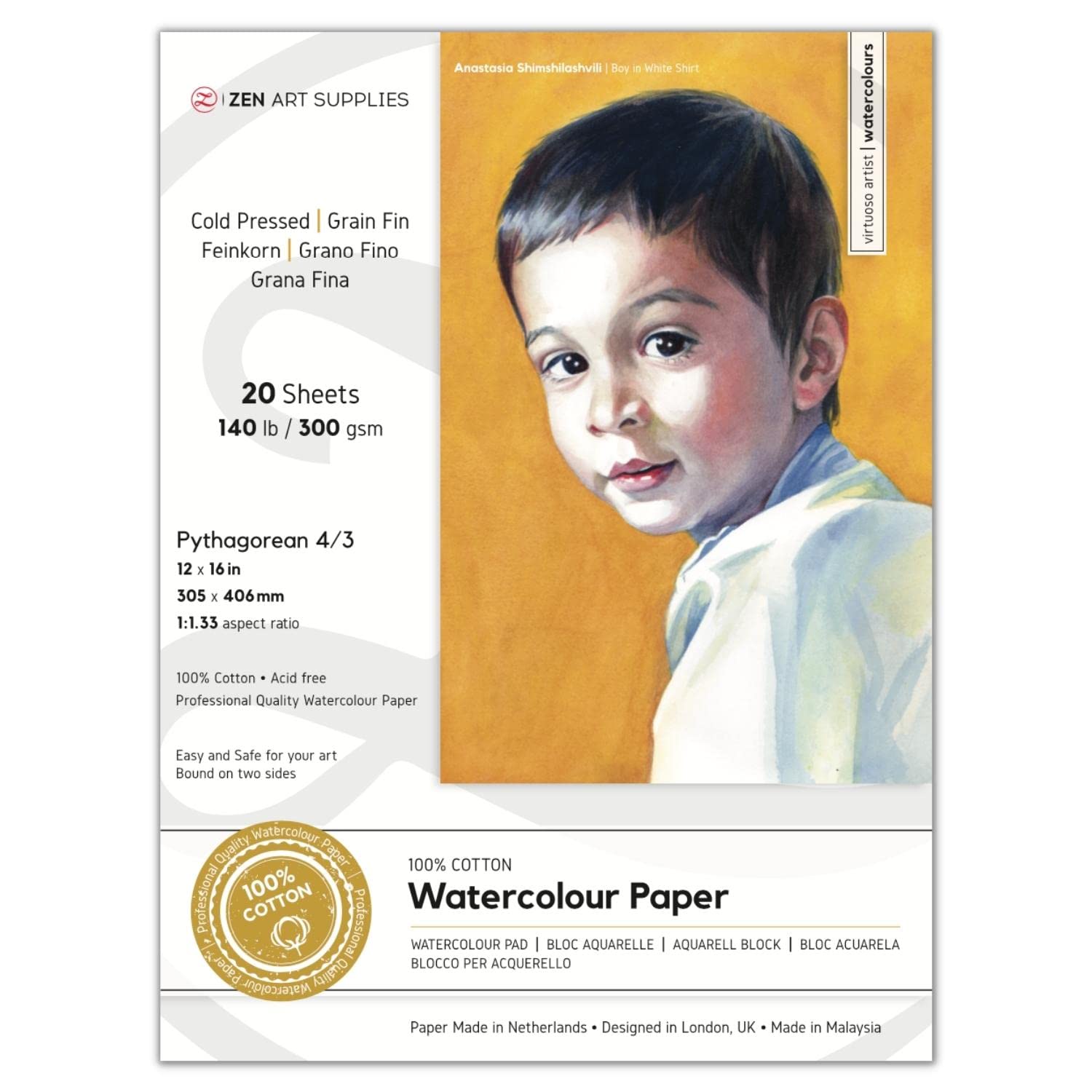 ZenART 100% Cotton Watercolour Paper 140 lb - 12x16 inches 20 Sheet Cold Press Acid-Free Large Block for Professional Artists 2-Side Bound for Watercolor, Gouache, Ink, Acrylic, Mixed Media