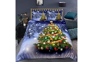 Erosebridal Christmas Duvet Cover King Size Kids Blue Bedding Set Snowflakes Printed Bedspread Cover Merry Christmas Theme Decor Comforter Cover for Family Adult Christmas House Pattern Quilt Cover