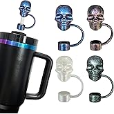4Pcs Laser Skull Straw Topper, Halloween Straw Cover Cap for Stanley Cup, 3D Skull Covers for 30&40 Oz Tumbler, 10mm Reusable Drinking Straw Caps, Cup Accessories Halloween Gifts