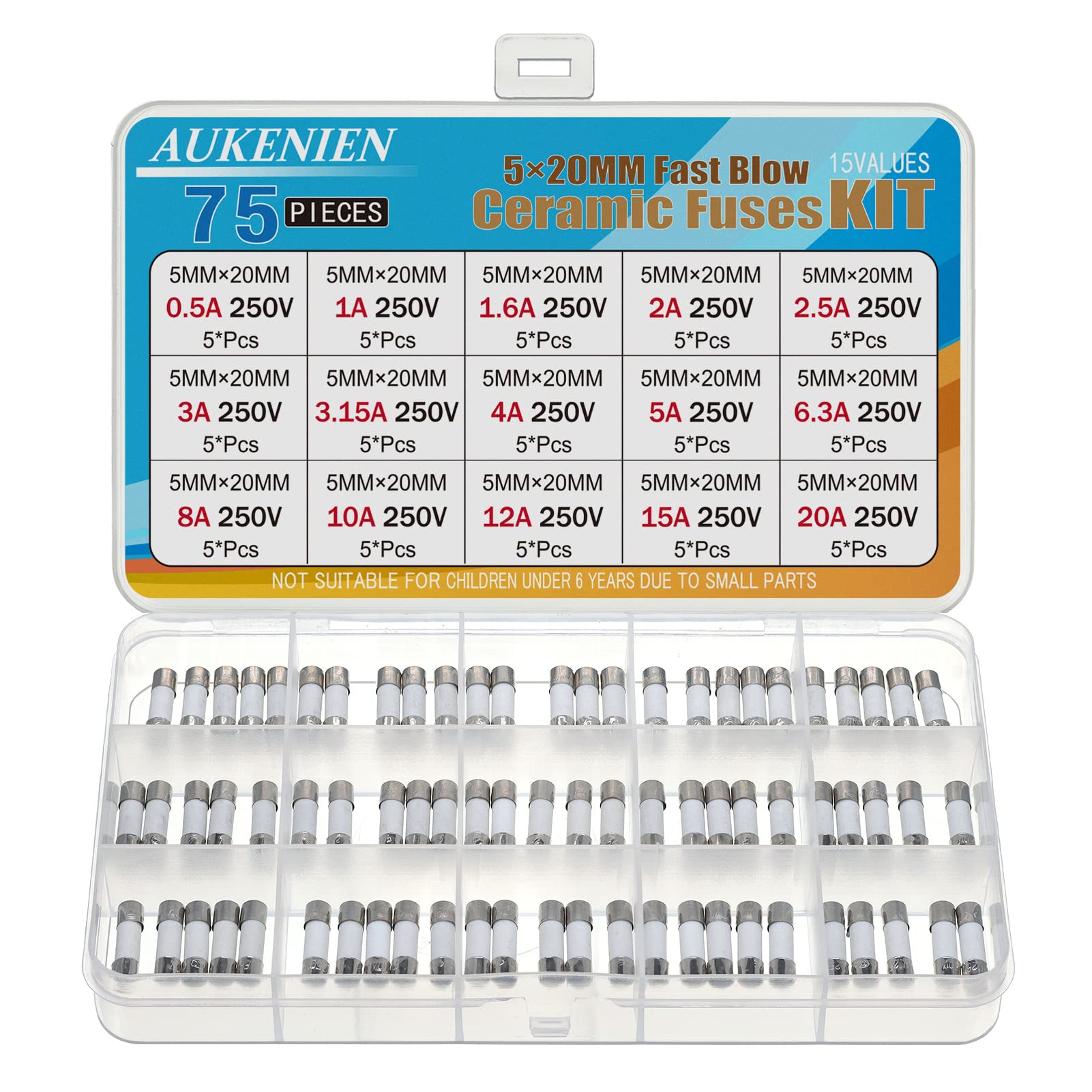 AUKENIEN 5X20MM Fast Blow Ceramic Fuses Kit 15 Values 0.5A 1A 1.6A 2A 2.5A 3A 3.15A 4A 5A 6.3A 8A 10A 12A 15A 20A 250V 5X20 MM 0.5 1 1.6 2 2.5 3 3.15 4 5 6.3 8 10 12 15 20 Amp 250 Volt Quick Fuse