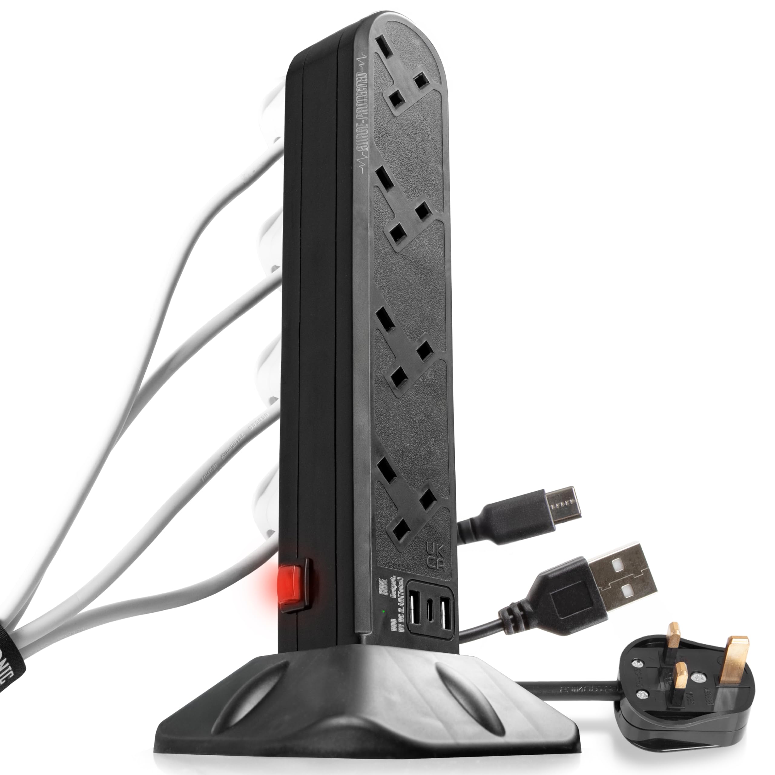 Duronic 8 Socket Extension Tower ST8B | 2 Metre (2M) Power Cable | BLACK | 8-Gang Extension Lead for UK Plug Sockets | Surge & Spike Protection | Max. 3000W Capacity