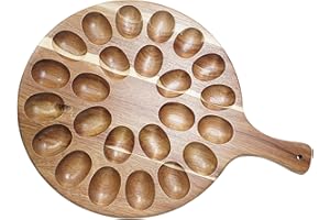 Deviled Egg Platter, Quality Acacia Wood 24 Holes Round Charcuterie Board, Cheese Board, Cutting Board, Deviled Egg Holder (1