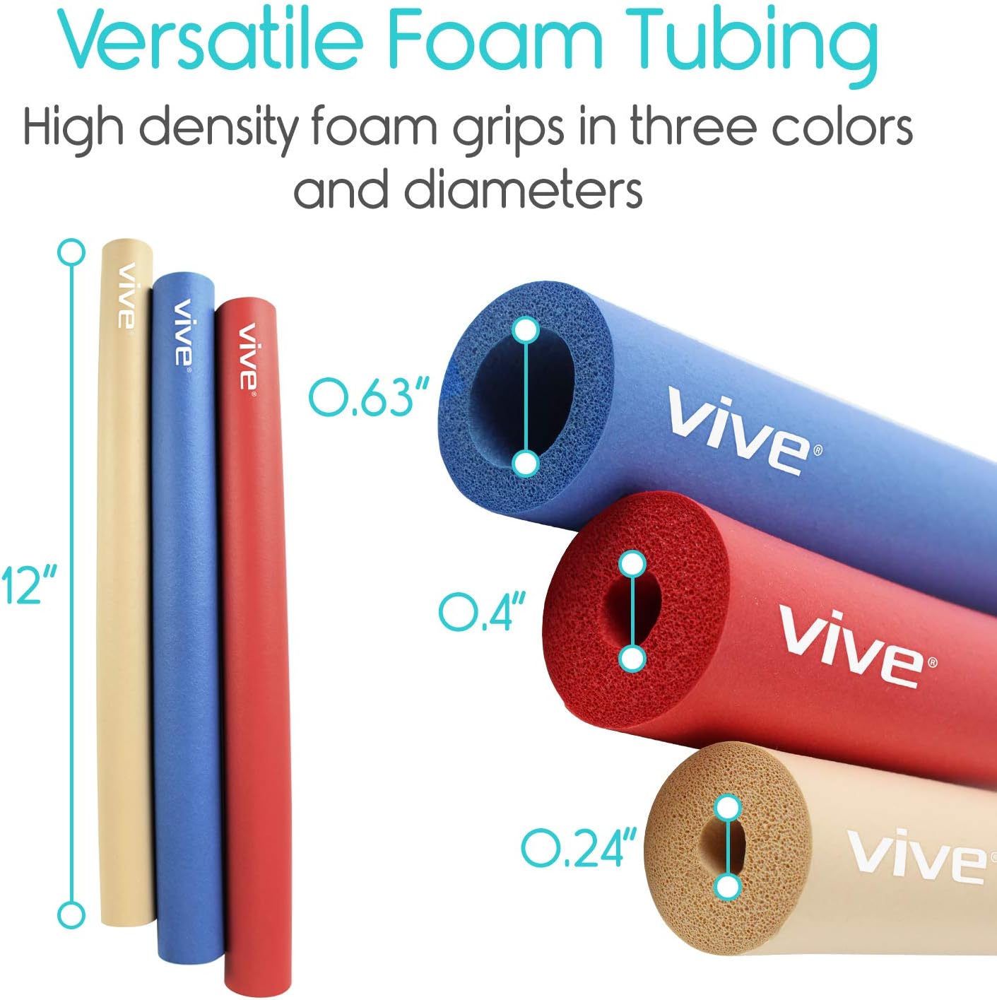 Vive Foam Tubing (9 Pack) - Utensil Padding Grips - Spoon, Fork Round Hollow Medical Closed Cell Tube - Cut to Length - Provides Wider, Larger Grip Pipe Tool for Dexterity, Disabled, Elderly: Health & Personal Care