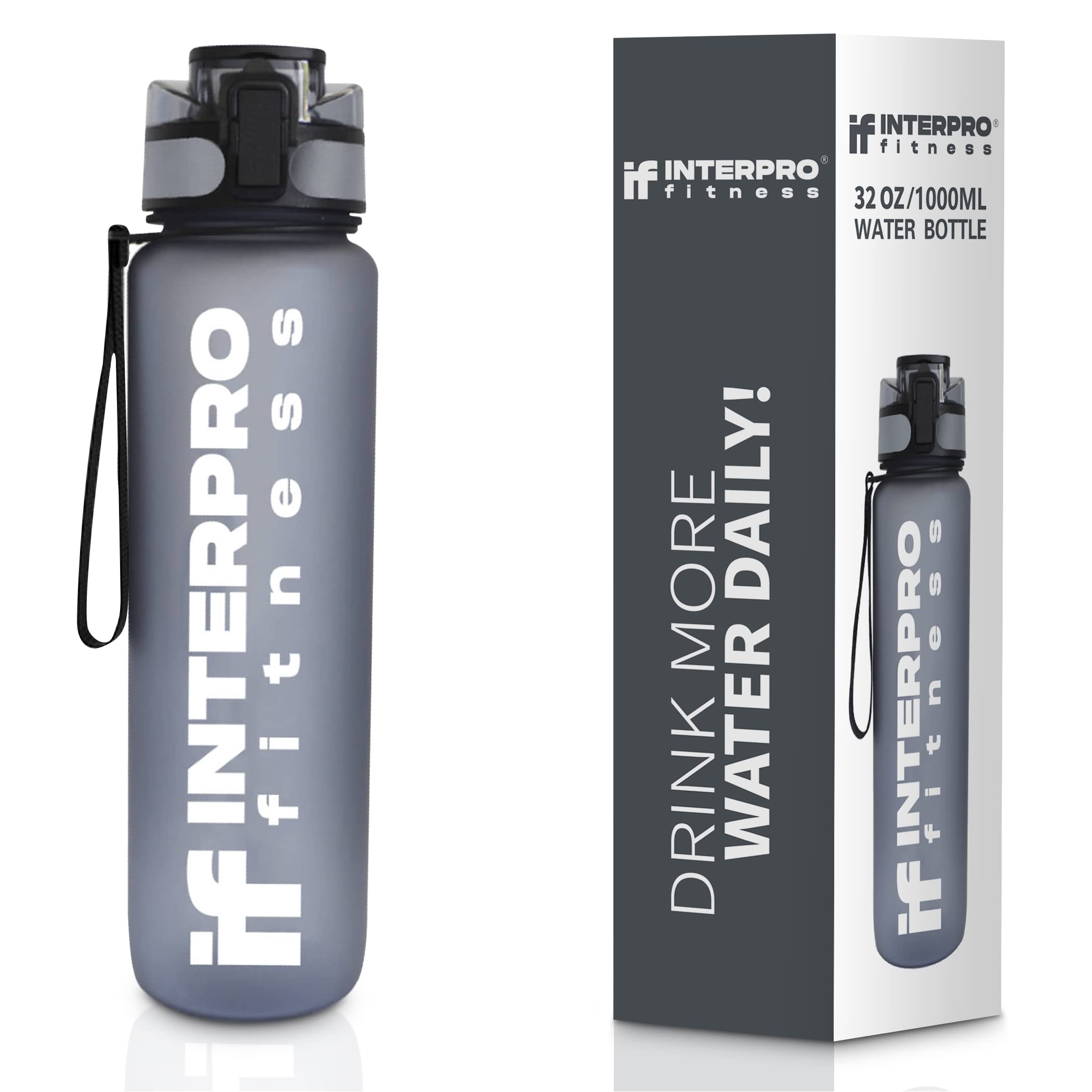 Interpro Fitness Water Bottle with Measurement Scale - 1L BPA-Free Tritan Plastic, Leakproof Gym Bottle with Flip Top Lid & Fruit Infuser Strainer - Ideal for Gym, Yoga, Running & Outdoor Adventures