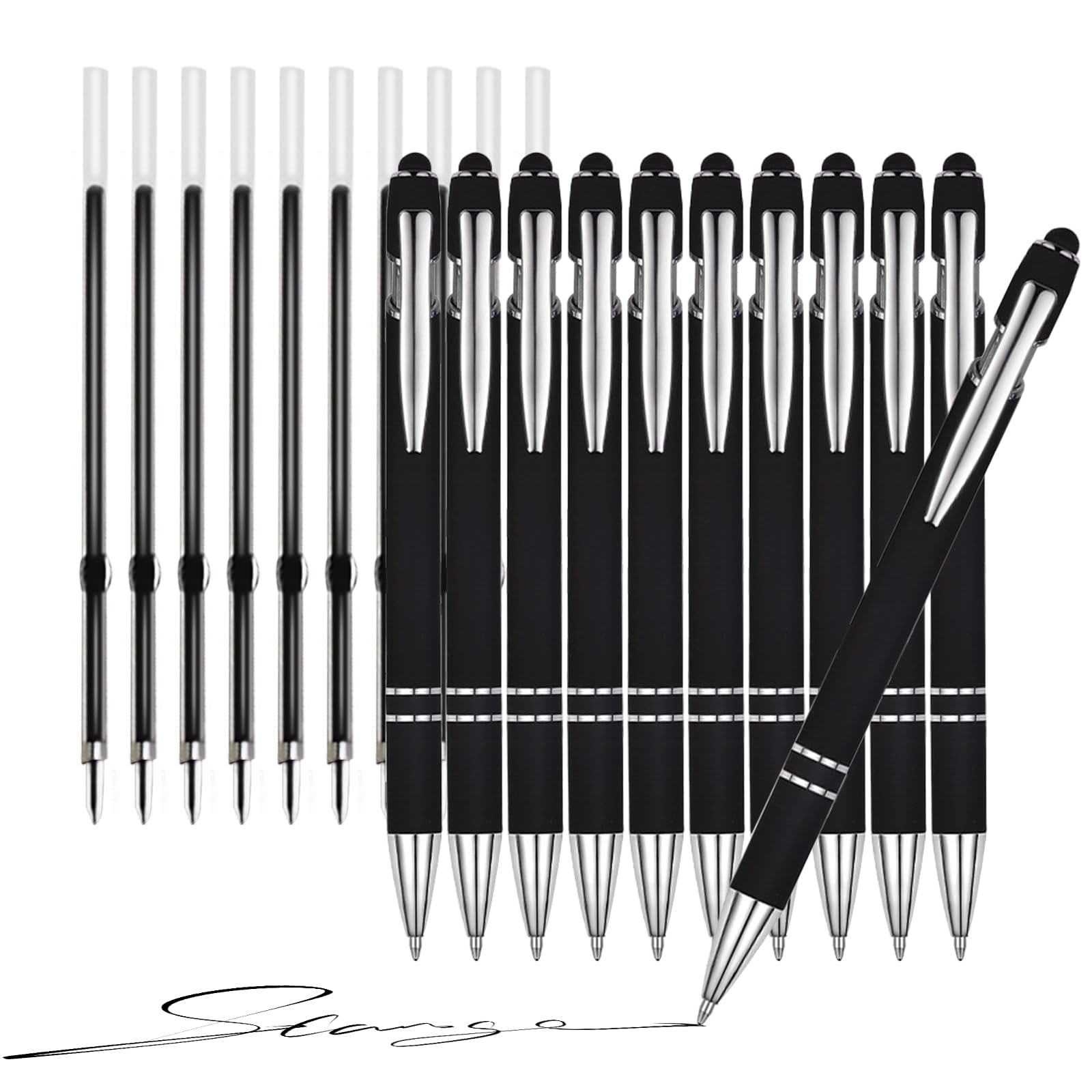 20pcs Metal Ballpoint Pen Set Pens Multipack with Stylus Tip for Touch Screens10 Black Ballpoint Pens with 10 Refills Retractable Ballpoint Pen with Rubber Office Supplies for Aldult Student