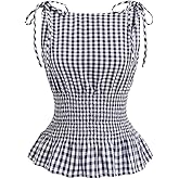 SOLY HUX Women's Plaid Print Tie Shoulder Ruffle Tank Shirts Shirred Vintage Babydoll Tops