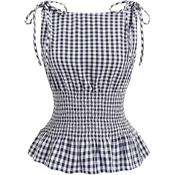 RoseSeek Women's Gingham Tie Shoulder Tank Tops Sleeveless Shirred