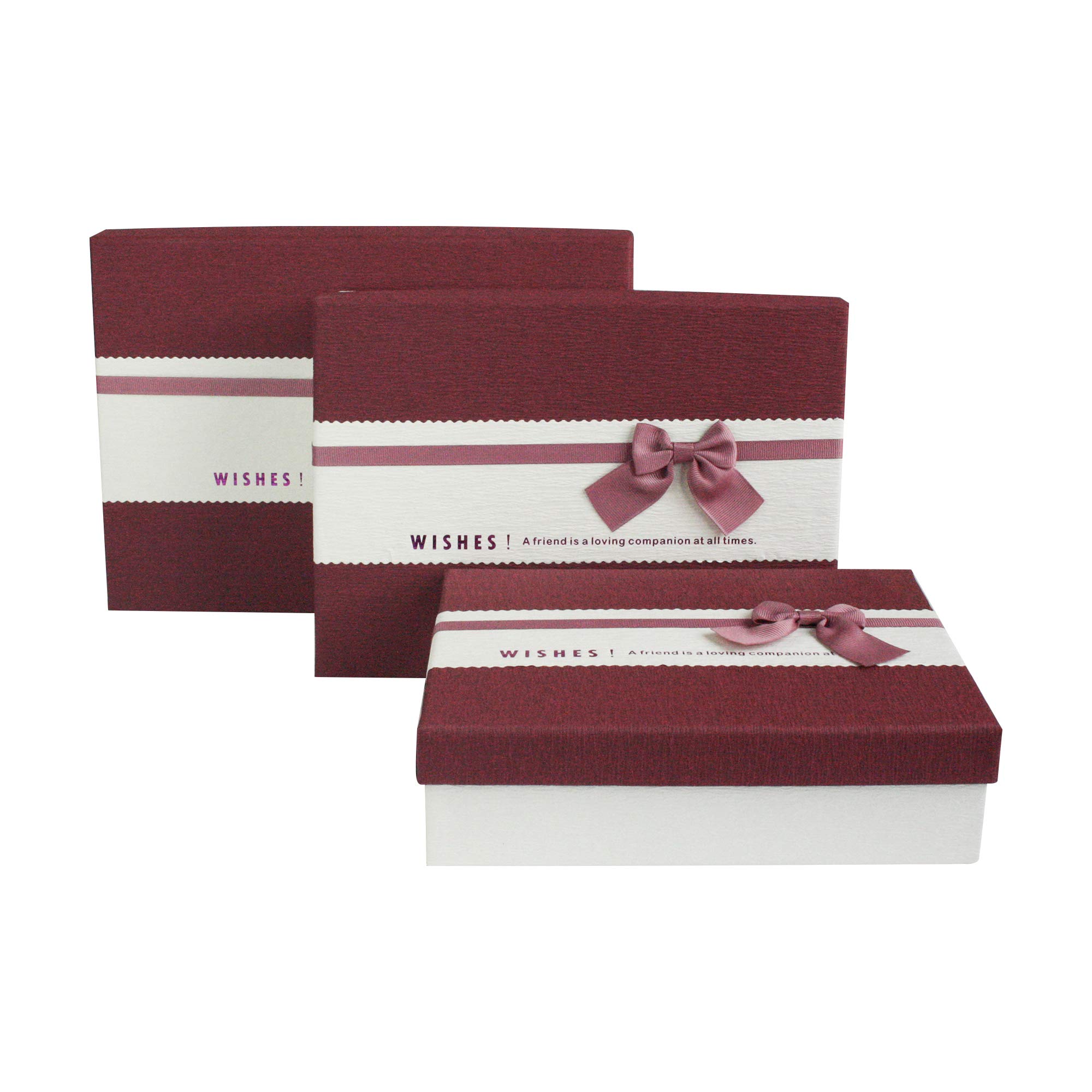 Emartbuy Set of 3 Rigid Luxury Rectangle Presentation Gift Box, Cream Box with Burgandy Lid, Chocolate Brown Interior and Decorative Ribbon