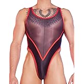 FEOYA Mens Glossy Oily Lingerie High Cut Bodysuit Top Mesh Sheer Singlet Muscle Suit Leotard Singlet Underpants