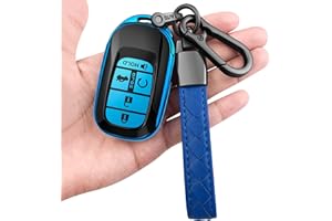 Sindeda for Honda Key fob Cover with Leather Keychain Soft TPU Full Cover Protection,for 2022 2023 2024 Civic Accord HR-V Pilot CR-V,5 Buttons Key Fob Shell (Blue)